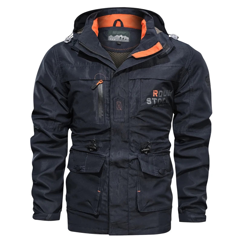 Dark blue jacket with orange interior on a white background