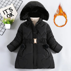 Black winter coat with fur hood on a white background