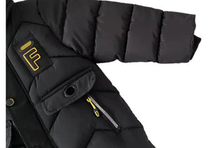Black puffer jacket with yellow logo and zipper details on a white background