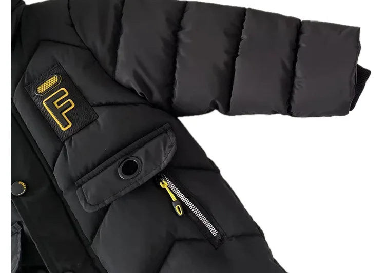 Black puffer jacket with yellow logo and zipper details on a white background