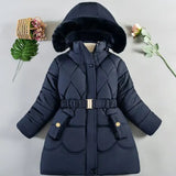 Navy blue winter coat with fur hood on a light gray background