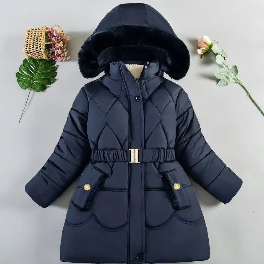 Navy blue winter coat with fur hood on a light gray background