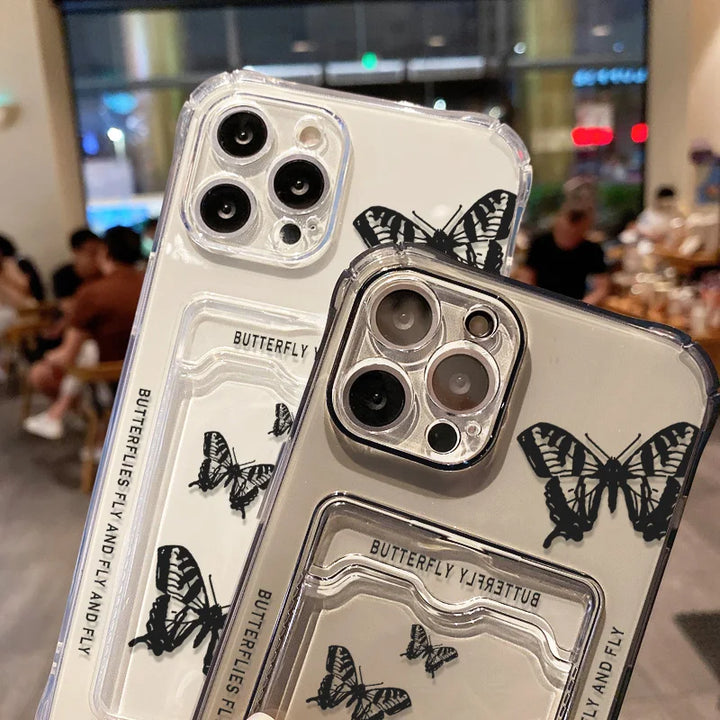 Transparent wallet card holder soft case for iPhone with card slots and shockproof protection.