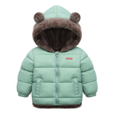 Children's puffer jacket with bear ears and brown fur trim on a white background
