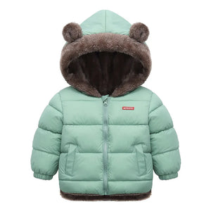 Children's puffer jacket with bear ears and brown fur trim on a white background