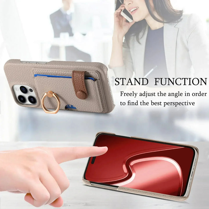 Luxury Leather Ring Wallet Case for iPhone 11/12/13/14/15/16 Pro Max with Ring Holder and Shockproof Design