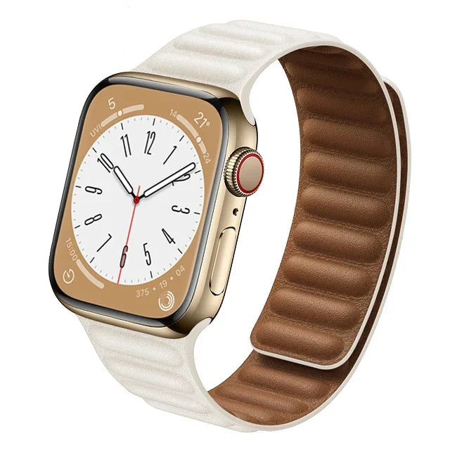 Stylish genuine leather Apple Watch band with magnetic loop closure, available in multiple colors.
