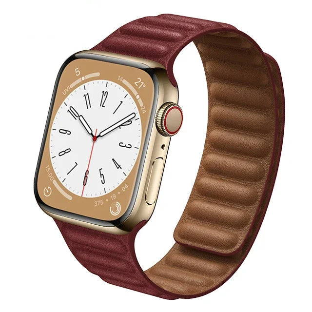 Stylish genuine leather Apple Watch band with magnetic loop closure, available in multiple colors.