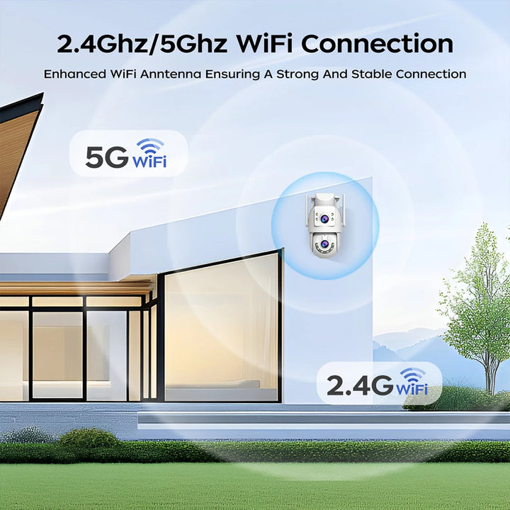 Smart home security camera with 2.4Ghz/5Ghz WiFi connection features displayed against a modern house background.