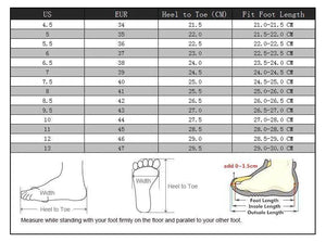 Measurement chart for shoe sizes with foot length and heel to toe measurements.