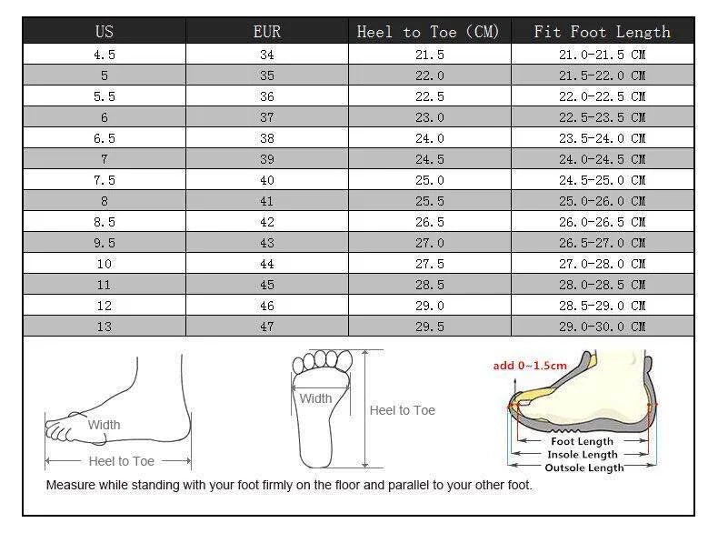 Measurement chart for shoe sizes with foot length and heel to toe measurements.