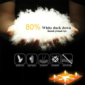White duck down with text and icons on a dark background