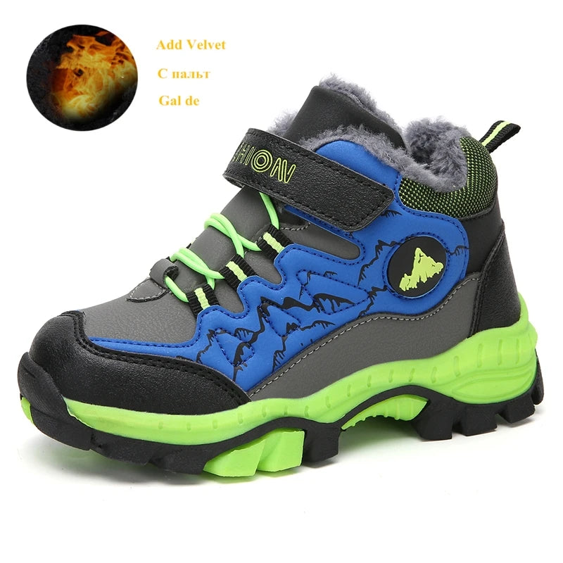 Children's winter boots with blue, gray, and green color scheme on a white background