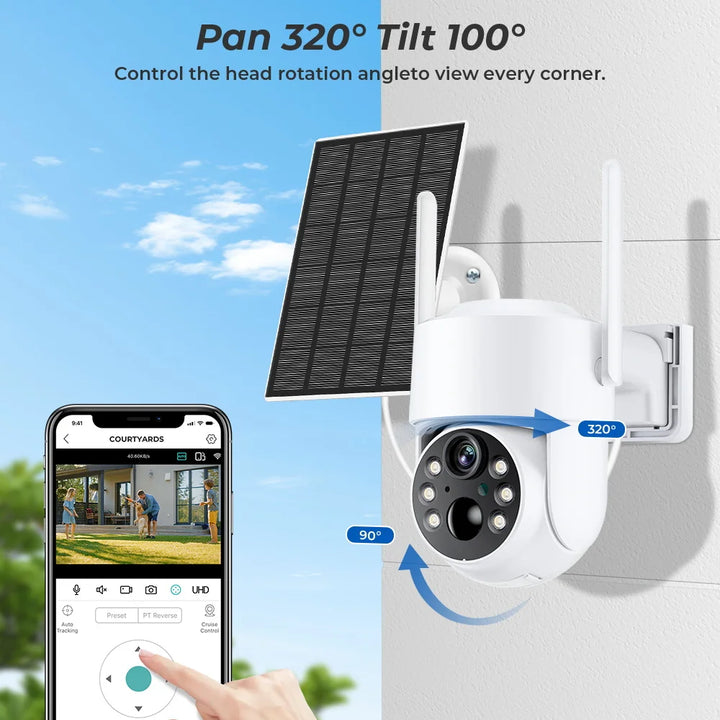 Solar-powered security camera with smartphone app control on a clear sky background