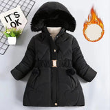 Black winter coat with fur hood on a white background