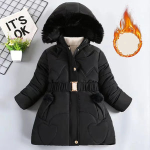 Black winter coat with fur hood on a white background