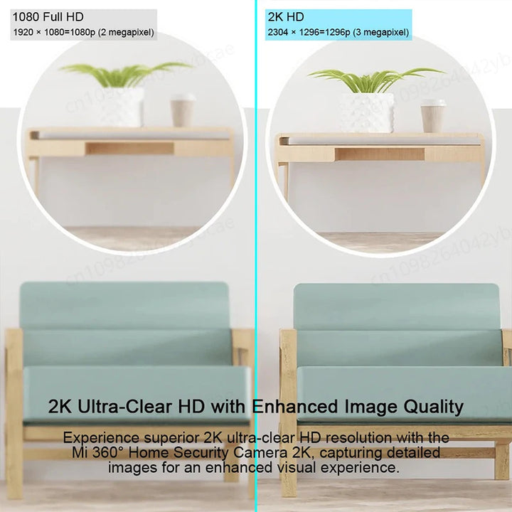 Comparison of 1080p and 2K HD images with a plant on a shelf.