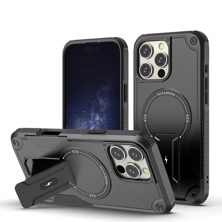 Military Shockproof Magnetic Case with Kickstand for iPhone 11–16 – Rugged Armor with Foldable Holder – Black, Green, Gold, Pink