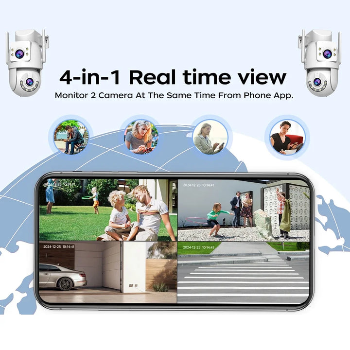 Smart home security camera system with 4-in-1 real-time view on a smartphone app interface.