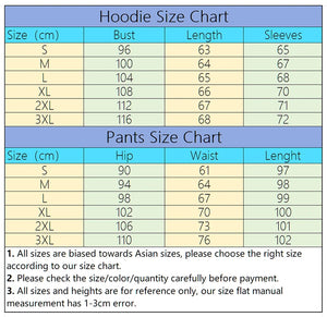 Size chart for hoodies and pants with measurements in centimeters.