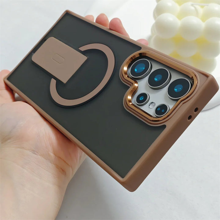 Luxury Magsafe Magnetic Stand Case for Samsung S23/S24/S25 Ultra with Plating Lens Protection and Wireless Charging Compatibility
