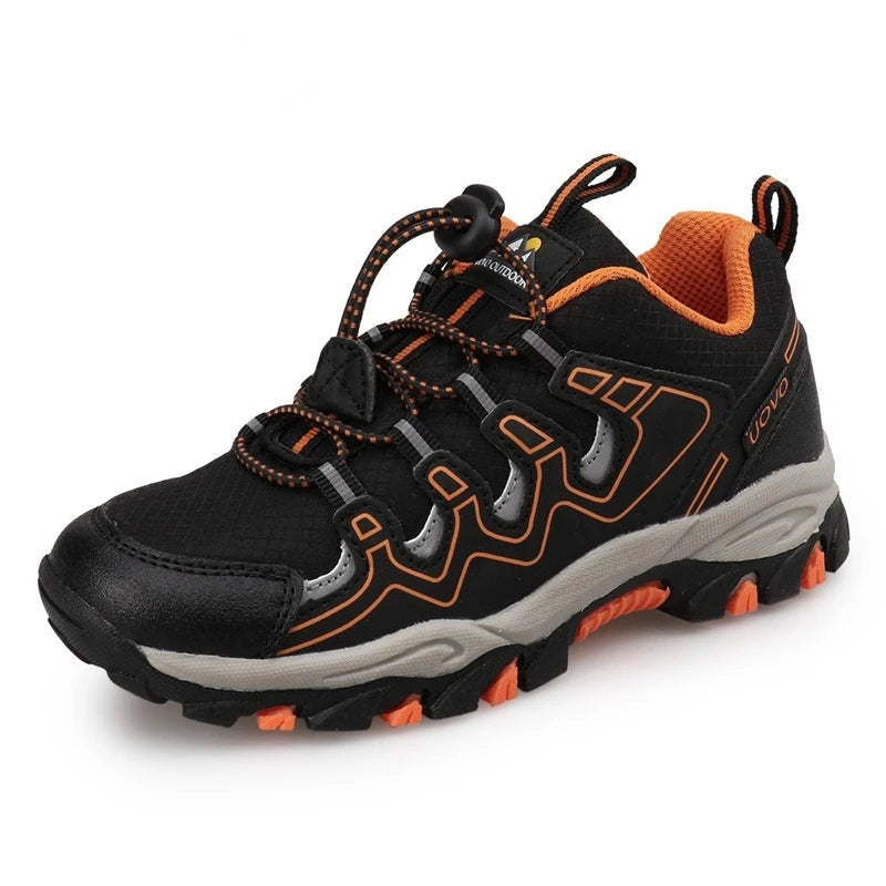 Black and orange hiking shoe with branding on a white background