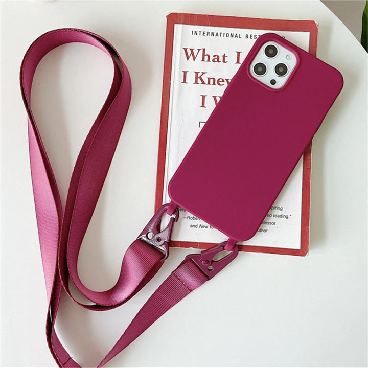 Crossbody Necklace Strap Lanyard Matte Silicone Case For iPhone 16 15 14 Pro Max 11 12 13 XR X XS 6 7 8 Plus SE Shockproof Cover