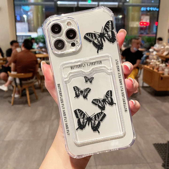 Transparent wallet card holder soft case for iPhone with card slots and shockproof protection.