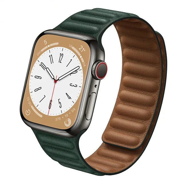 Stylish genuine leather Apple Watch band with magnetic loop closure, available in multiple colors.