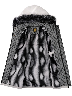 Mannequin wearing a patterned coat with a hood on a white background