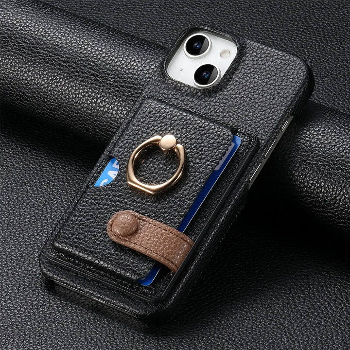 Luxury Leather Ring Wallet Case for iPhone 11/12/13/14/15/16 Pro Max with Ring Holder and Shockproof Design