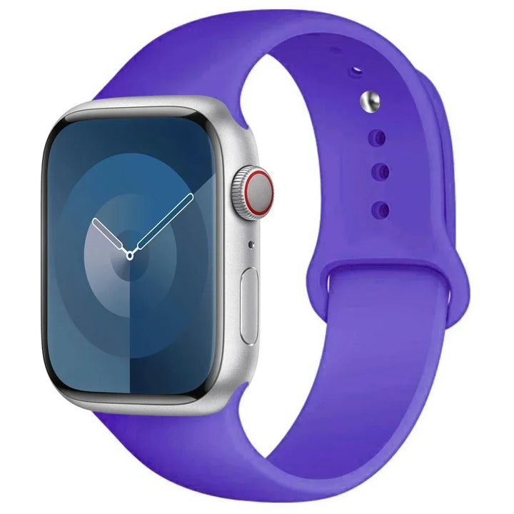 Silicone sport band for Apple Watch, compatible with Series 9/8/7/6/5/SE/Ultra, shown in vibrant colors.
