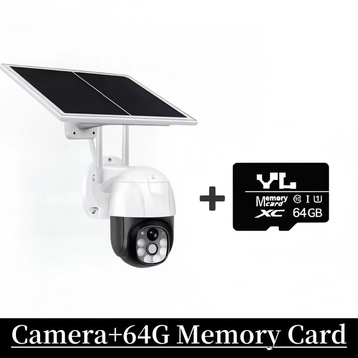 Solar-powered security camera with a 64GB memory card on a white background