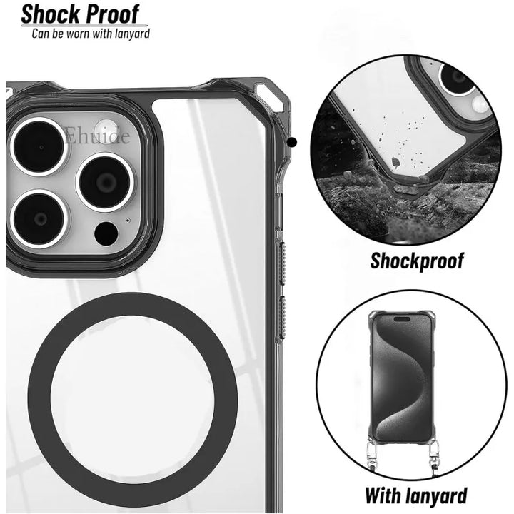 Magsafe Magnetic Strap Crossbody Case for iPhone 16, 15, 14, 13, 12, 11 Pro Max – Clear, Shockproof with Lanyard