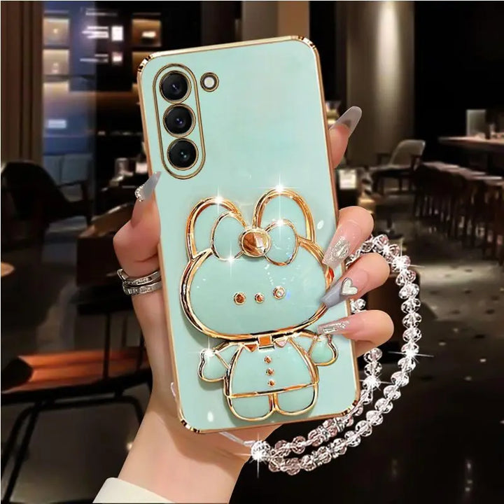 Diamond Strap Mirror Rabbit Holder Case for Samsung S24 S23 S22 Ultra Plus