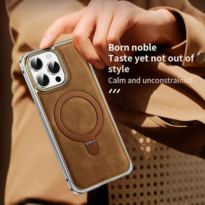 Luxury Business Leather Case for iPhone 14 15 Pro Max with Metal Frame and Built-in Stand, Premium Design