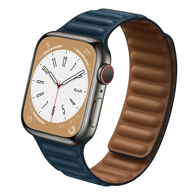 Stylish genuine leather Apple Watch band with magnetic loop closure, available in multiple colors.