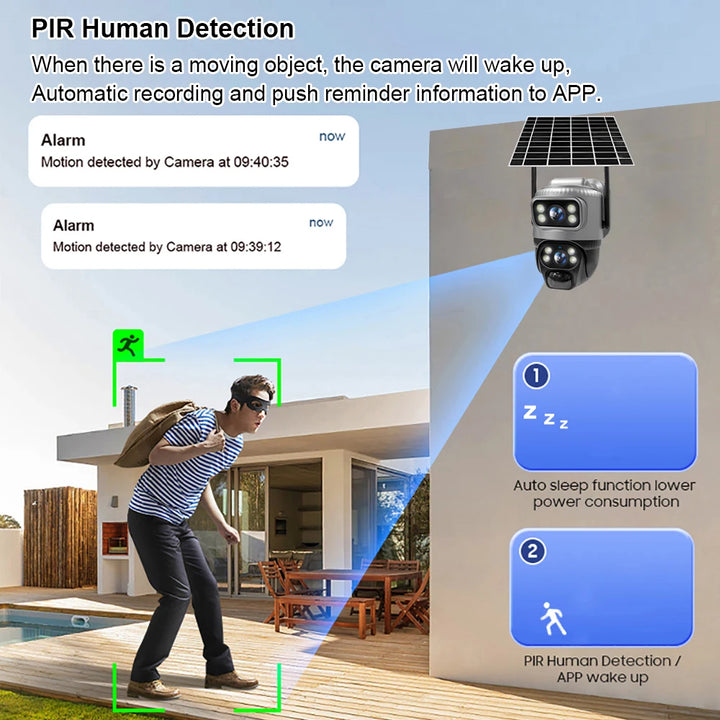 Camera with PIR human detection feature showing a person walking towards a house.