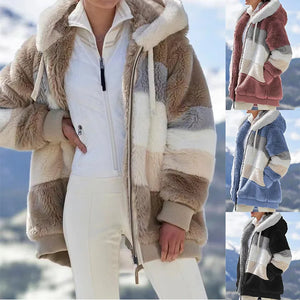 Collage of a person wearing a patterned fleece jacket with a mountainous background.