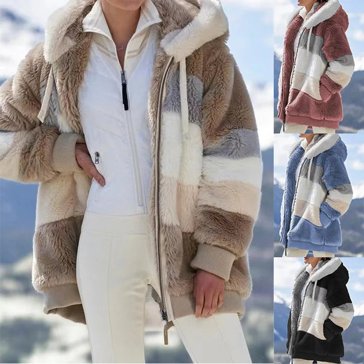 Collage of a person wearing a patterned fleece jacket with a mountainous background.