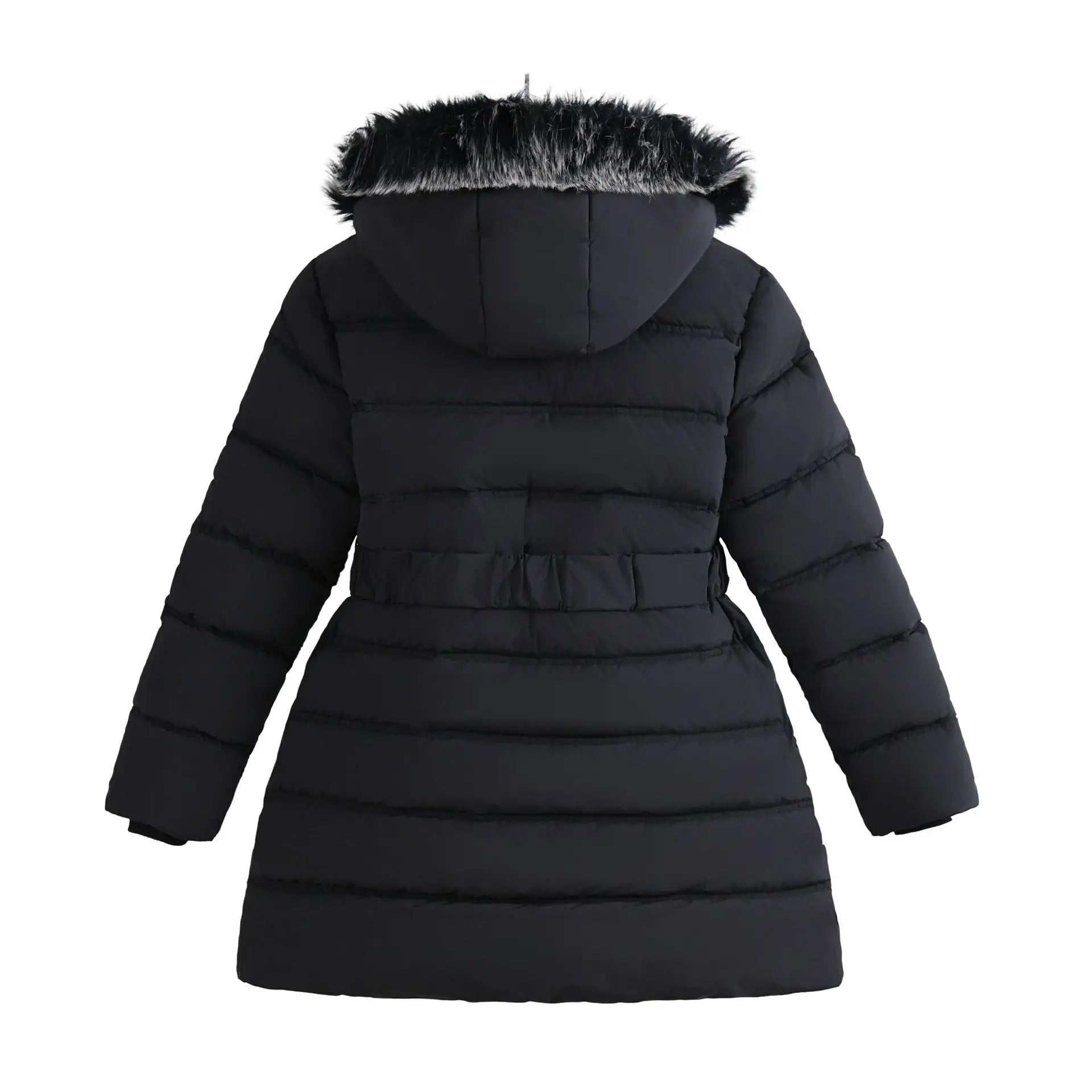 Black puffer coat with fur-lined hood on a white background