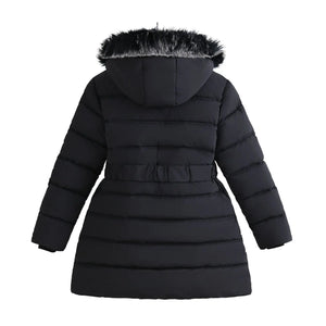 Black puffer coat with fur-lined hood on a white background