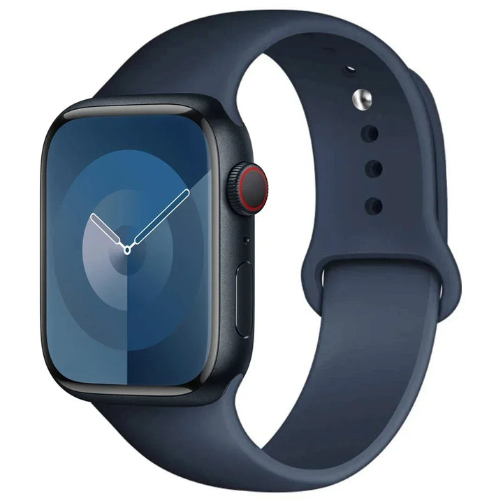 Silicone sport band for Apple Watch, compatible with Series 9/8/7/6/5/SE/Ultra, shown in vibrant colors.