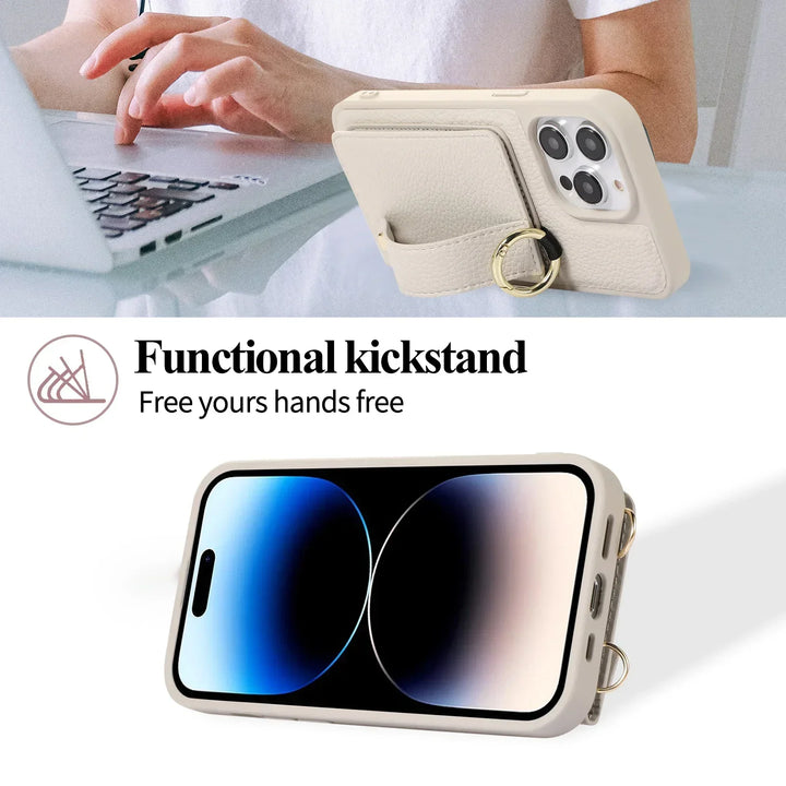 Leather Crossbody Wallet Case with Wristband and Card Slot for iPhone 15/16/14/13/12/11