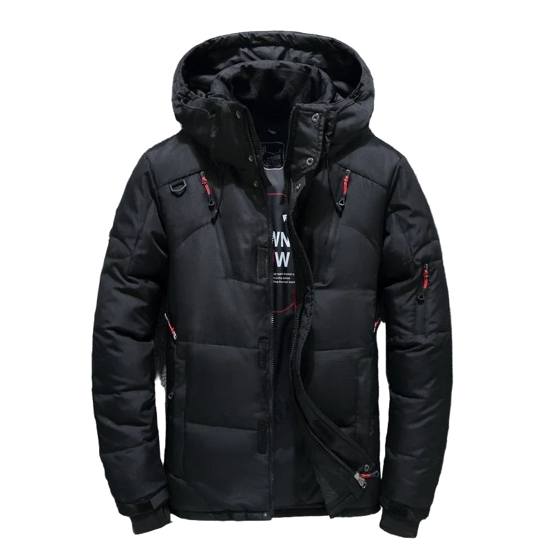 Black winter jacket with red accents on a gray background