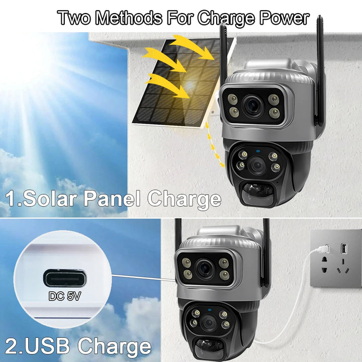 Outdoor security camera with solar panel and USB charging options, labeled 'Two Methods For Charge Power'.
