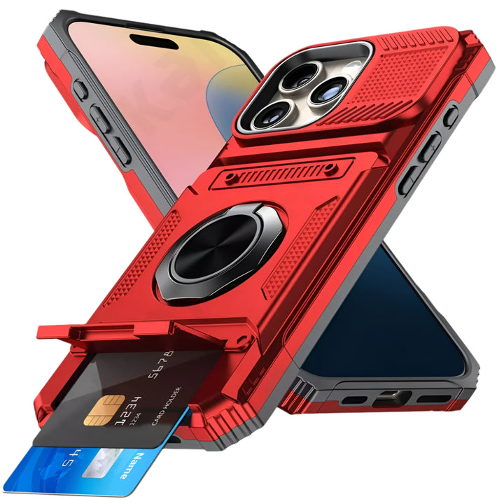 Magnetic iPhone Wallet Case with Rotating Ring Kickstand – Drop Protection & Card Pocket for iPhone 16 15 14 13 12 11