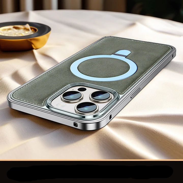 Luxury Business Leather Case for iPhone 14 15 Pro Max with Metal Frame and Built-in Stand, Premium Design