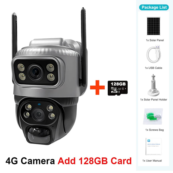 4G camera with solar panel and 128GB card on a white background