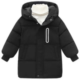 Black puffer jacket with a hood on a white background